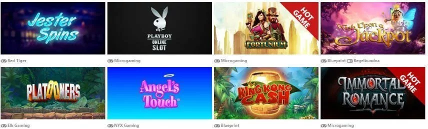Här ser vi thumbnails från spelutbudet på Vinnare Casino. På denna bilden ser vi bland annat spelen Jester Spins, Playboy Online Slot, Platooners, Angels Touch och Immortal Romance. 