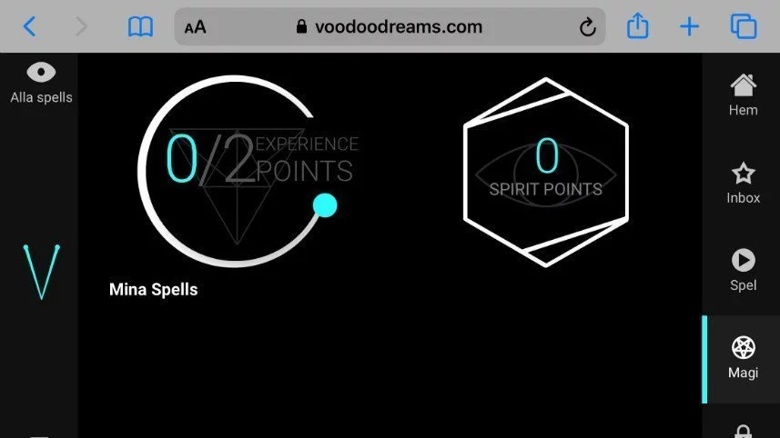 Bilden visar duellsystemet på nätcasinot Voodoo Dreams. Vi ser här två mätare som visar hur många experience points och spirit points spelaren har. 