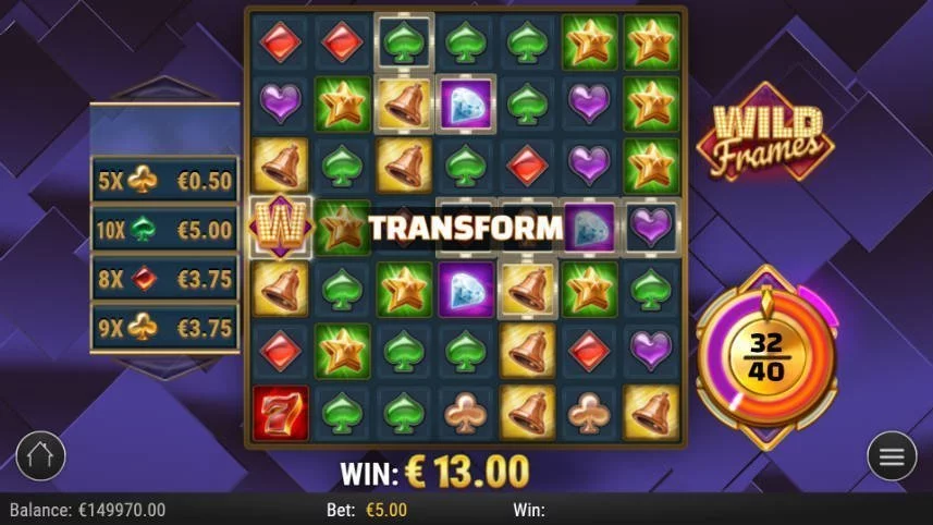 I denna bilden har funktionen transform aktiverats i casinospelet Wild Frames. 