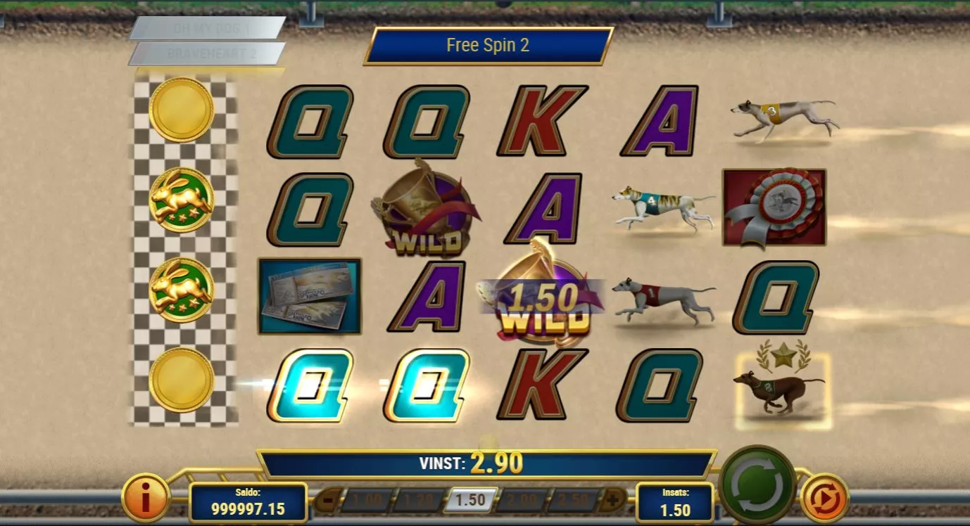 På bilden ser vi frispelsläget aktiverat i casinospelet Wildhound Derby.