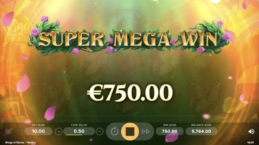 Stor vinst i casinospelet Wings of Riches. Vi ser texten "Super mega win" under står det "750,00 euro".