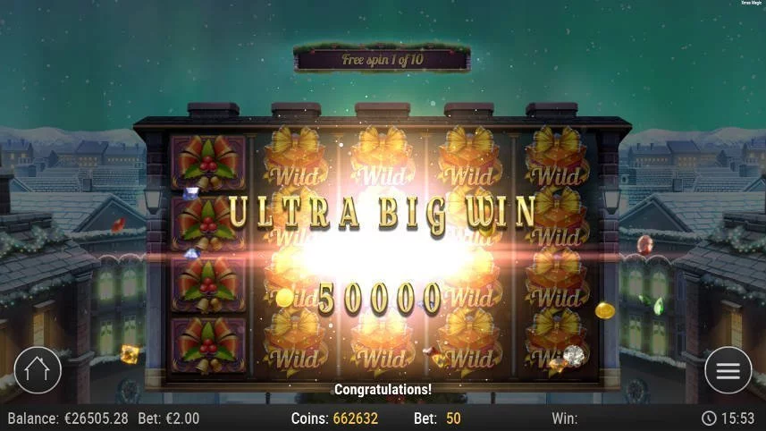 Stor vinst i Xmas Magic. Bilden visar texten Ultra Big Win följt av 5000. I bakgrunden syns basspelet.