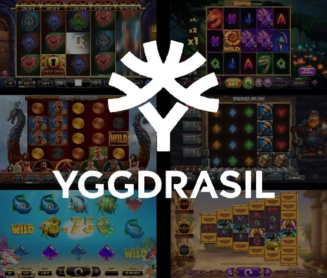 Yggdrasil Gaming logotyp och spelautomater i bakgrunden
